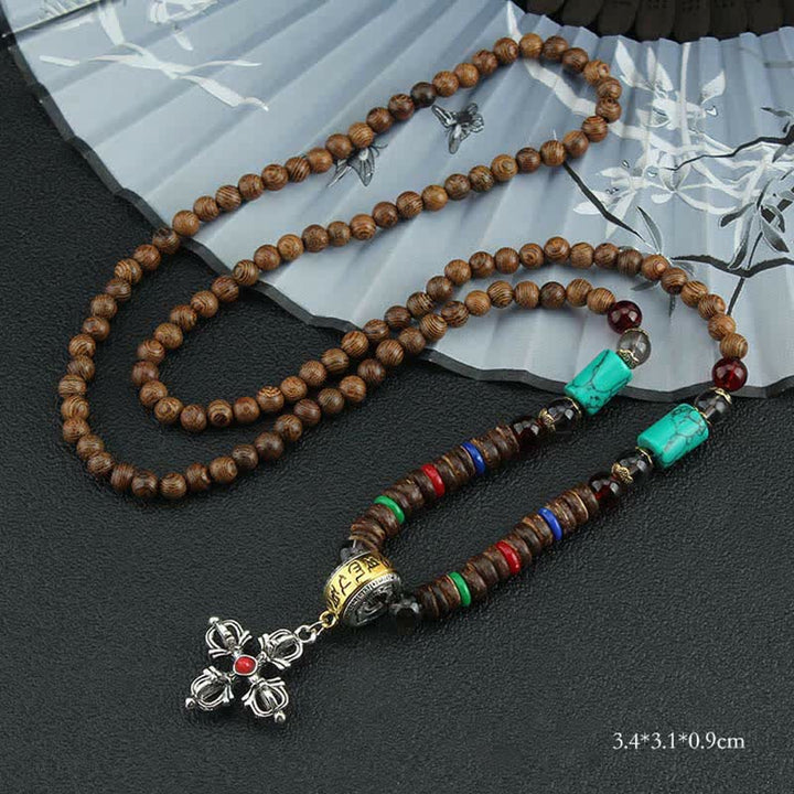 Buddha Stones Tibetan Om Mani Padme Hum Prayer Wheel Rotation Vajra Wood Necklace Pendant - Red Cross Vajra - image 27