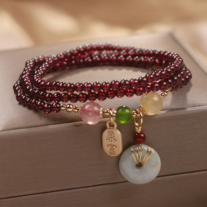 Buddha Stones Natural Garnet Strawberry Quartz Crystal Fox Koi Fish Peace Buckle Fortune Protection Triple Wrap Bracelet - image 10