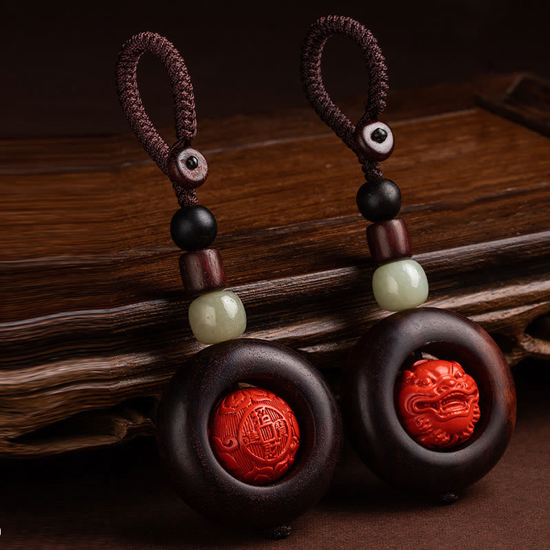 Buddha Stones Tibet Om Mani Padme Hum PiXiu Copper Coin Small Leaf Red Sandalwood Cinnabar Protection Key Chain - image 24