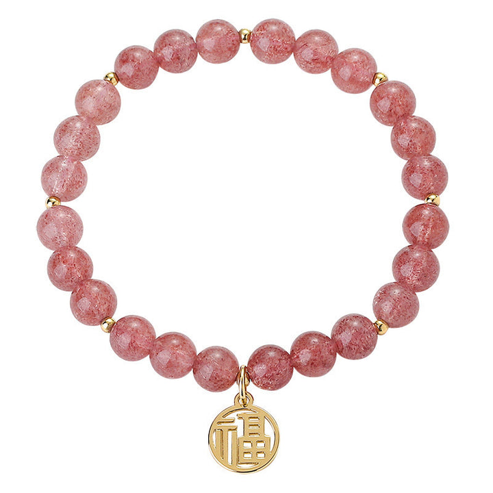 Buddha Stones 14K Gold Plated Strawberry Quartz Fu Character Healing Charm Bracelet - image 16