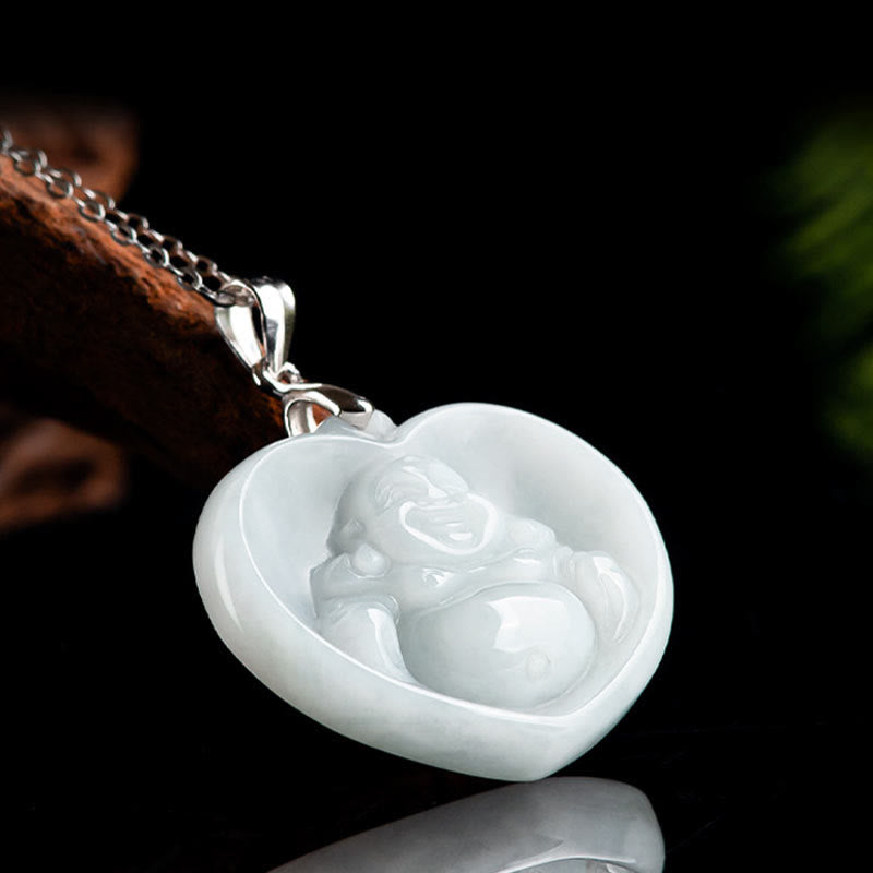 Buddha Stones Laughing Buddha White Jade Luck Blessing Titanium Steel Chain Necklace Pendant - image 2