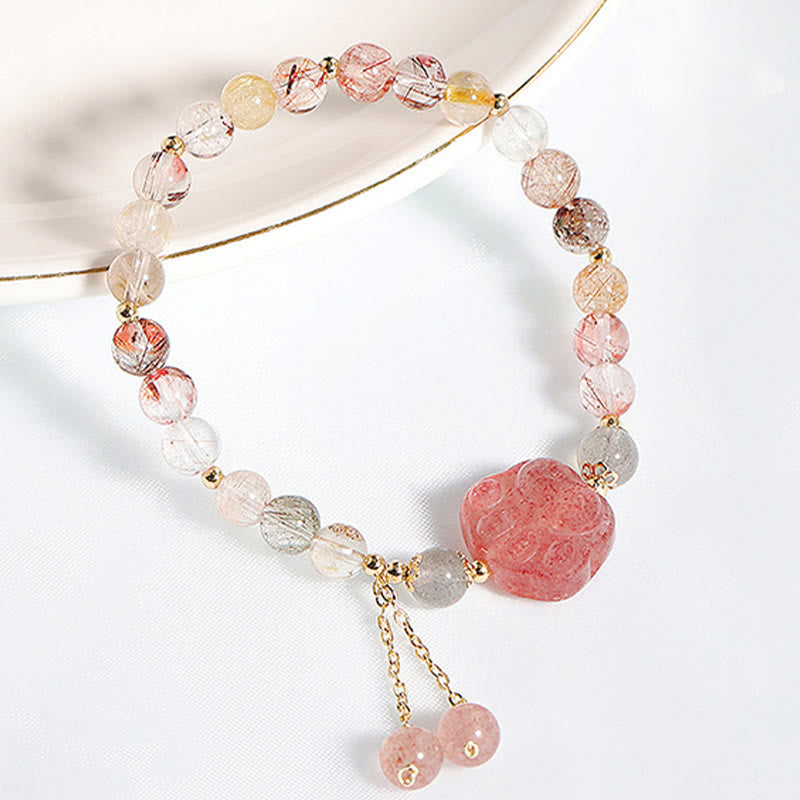 Buddha Stones Natural Strawberry Quartz Cat Paw Claw Colorful Rutilated Quartz Moonstone Love Bracelet - image 1