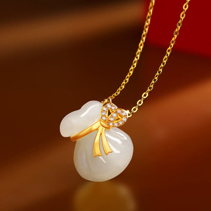 Buddha Stones Natural Hetian White Jade Luck Money Bag Necklace Pendant - Hetian White Jade(Protection♥Happiness) - image 0