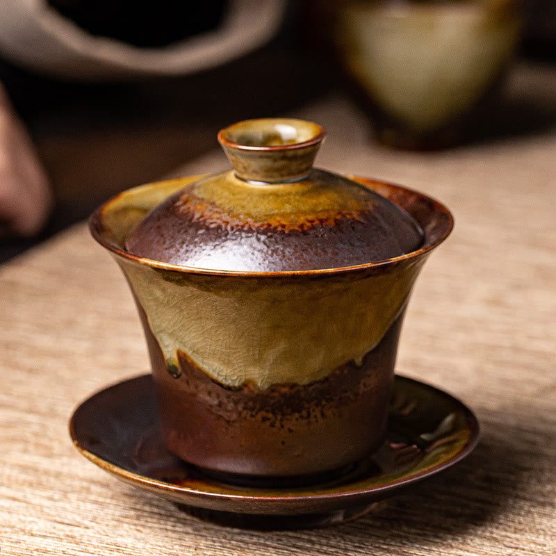 Buddha Stones Vintage Brown Kiln Change Design Porcelain Ceramic Gaiwan Sancai Teacup Kung Fu Tea Cup And Saucer With Lid - image 2