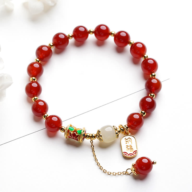 Buddha Stones Natural Red Agate Hetian Jade Fu Character Confidence Charm Bracelet - image 1