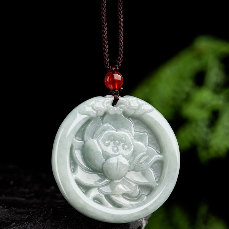 Buddha Stones Natural Jade Lotus Flower Carved Prosperity Necklace Pendant - image 3