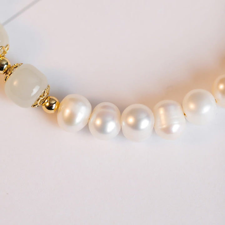 Buddha Stones 14K Gold Plated Natural Pearl Hetian Cyan Jade White Jade Sincerity Bead Chain Bracelet - image 16