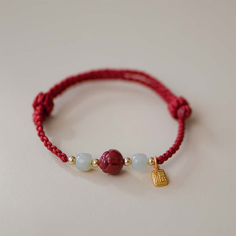 Buddha Stones Cinnabar Jade Lotus Calm Red String Weave Bracelet - image 3