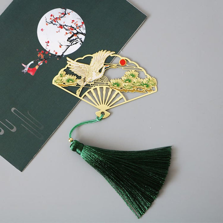 Buddha Stones Traditional Butterfly Lotus Flower Crane Dragon Phoenix Fox Koi Fish New Beginning Metal Brass Hollow Fan Bookmarks - Sun Crane - image 7