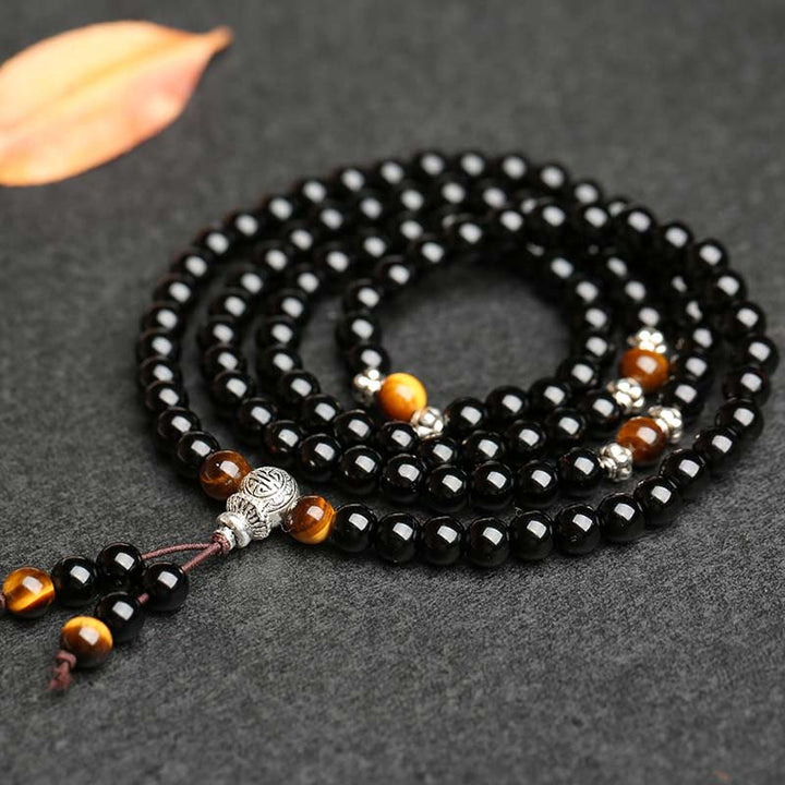 Buddha Stones Black Obsidian Tiger Eye Blessing Mala Bracelet - image 4