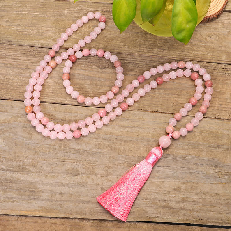 Buddha Stones 108 Mala Beads Pink Crystal Love Tassel Bracelet - image 0