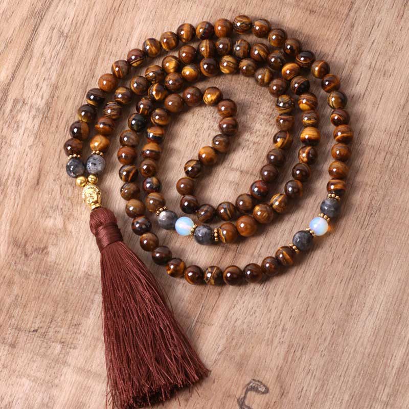 Buddha Stones Tibetan Tiger Eye Buddha Strength Power Beaded Tassel Pendant Necklace - image 1