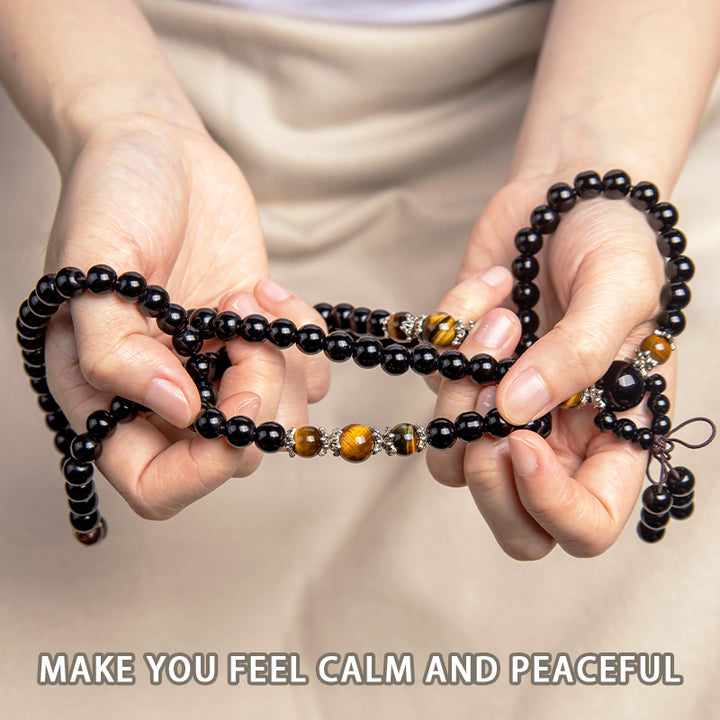 Buddha Stones 108 Beads Natural Black Obsidian Tiger Eye Mala Bracelet - image 2
