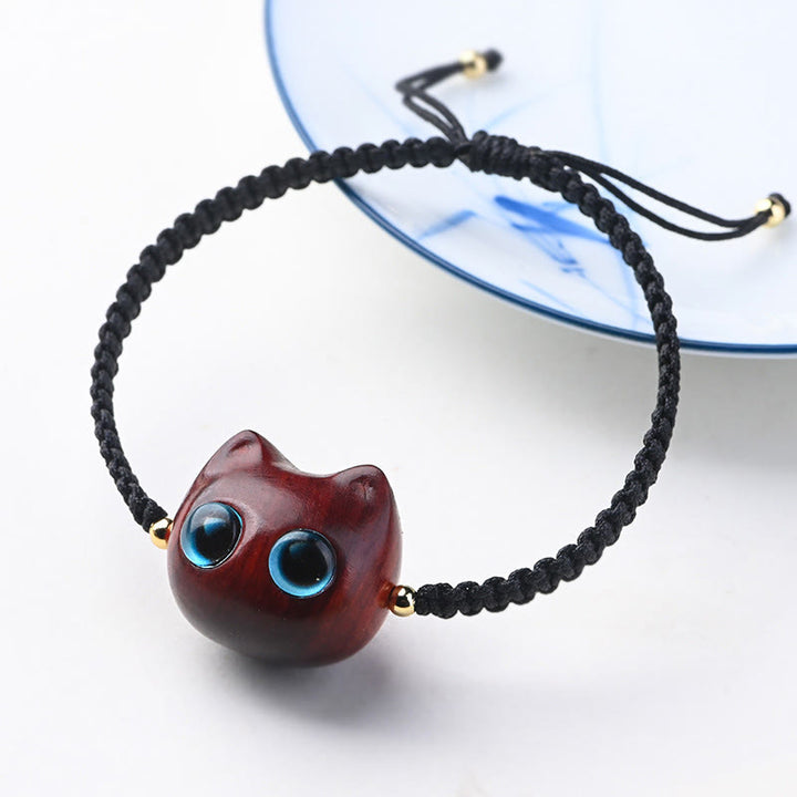 Buddha Stones Small Leaf Red Sandalwood Ebony Wood Cute Cat Head Calm Protection Braided Bracelet - Small Leaf Red Sandalwood(Keep away evil spirits♥Protection)(Wrist Circumference 14-16cm) - image 0
