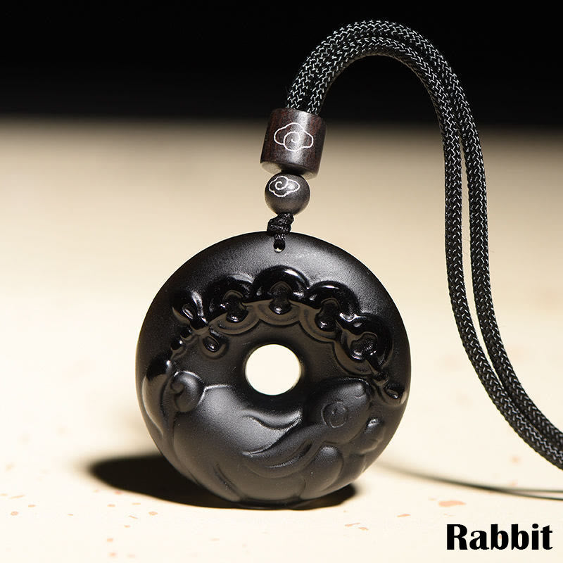 Buddha Stones Chinese Zodiac Natural Black Obsidian Peace Buckle Strength Necklace Pendant - image 1