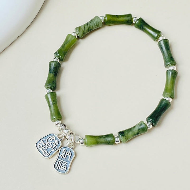 Buddha Stones 925 Sterling Silver Bamboo Jade Lucky Cat Fu Character Luck Abundance Bracelet - image 1
