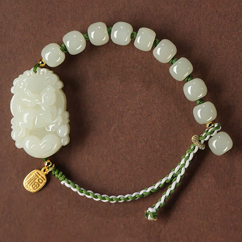 Buddha Stones 925 Sterling Silver Chinese Zodiac Hetian Jade Happiness Luck String Bracelet - Rabbit - image 0