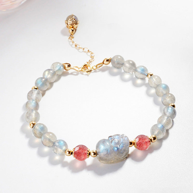 Buddha Stones Moonstone Strawberry Quartz PiXiu Healing Bracelet - Moonstone&Strawberry Quartz - image 0