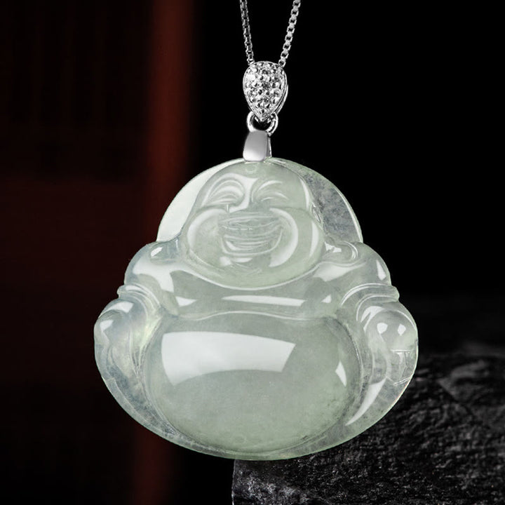 Buddha Stones Natural Jade Laughing Buddha Prosperity Abundance Titanium Steel Chain Necklace Pendant - image 6