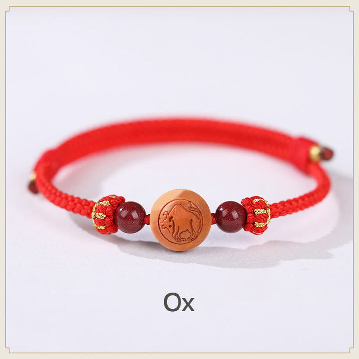 Buddha Stones Natural Peach Wood Chinese Zodiac Fu Character Carved Cinnabar Wealth Bracelet - Ox-Red(Wrist Circumference 14-18cm) - image 2