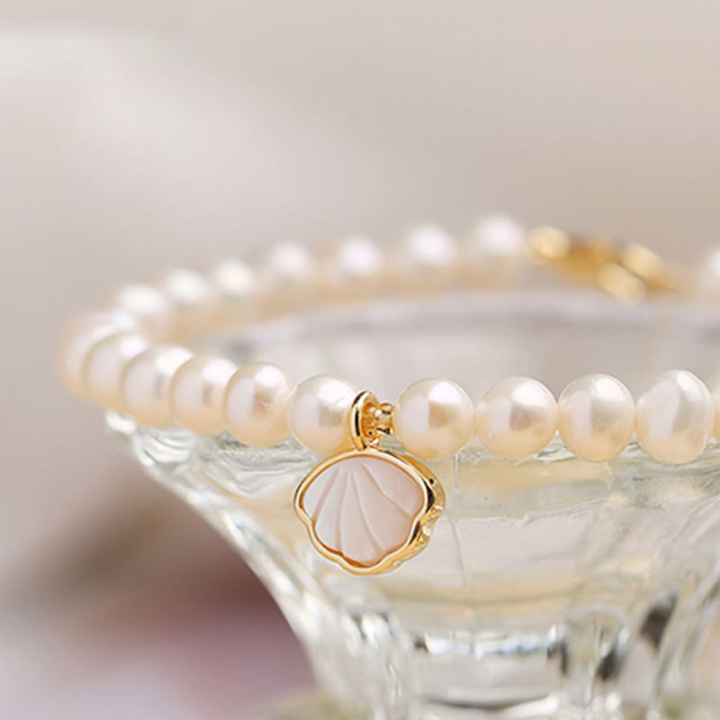 Buddha Stones 14K Gold Plated Natural Pearl Crystal Shell Charm Bead Bracelet - image 6