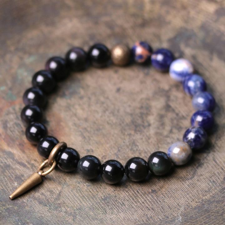 Buddha Stones Black Obsidian Sodalite Crystal Copper Strength Couple Bracelet - Black Obsidian&Sodalite - 18cm - image 0