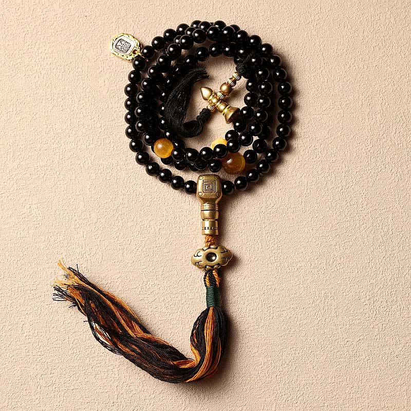 Buddha Stones Tibetan 108 Mala Beads Black Onyx Tiger Eye Beads Nine Palaces Bagua Protection Bracelet - Black Onyx&Tassels - 8mm - image 0