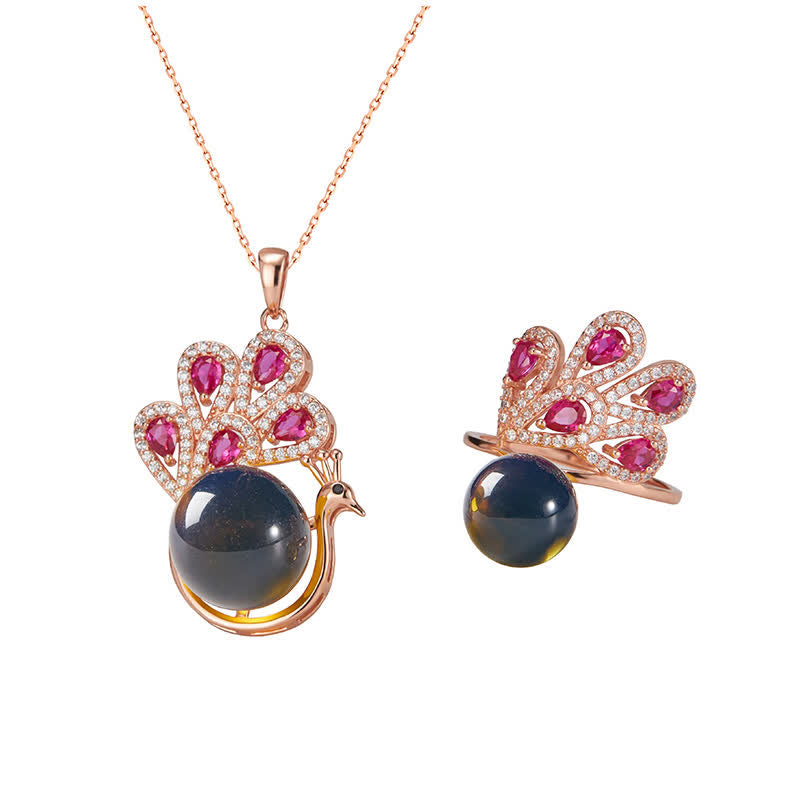 Peacock Amber Fortune Love Necklace Pendant Ring - image 6