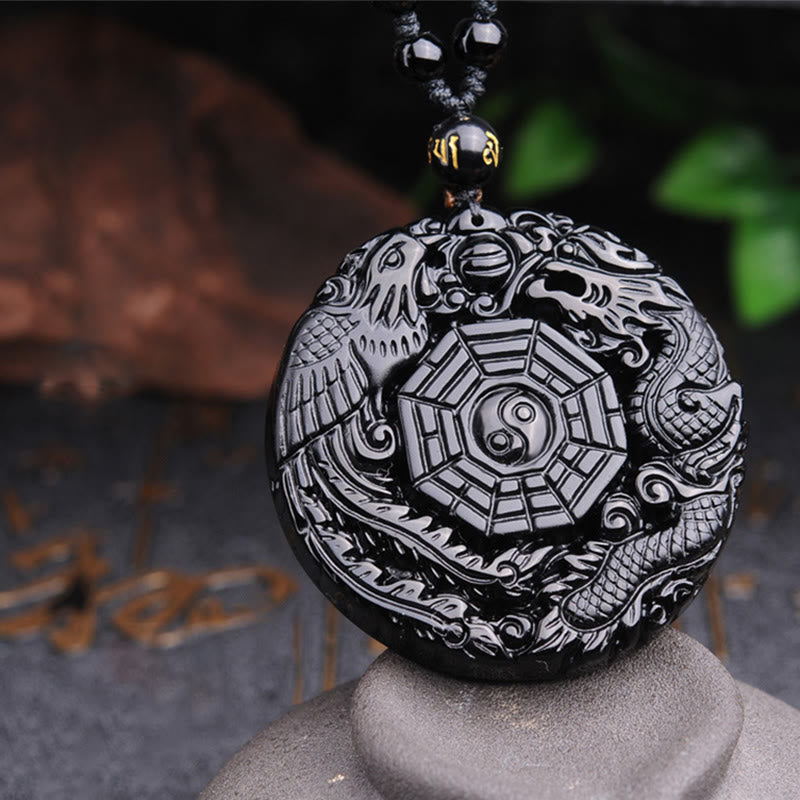 Buddha Stones Bagua Dragon Phoenix Obsidian Fulfilment Pendant Necklace - image 8