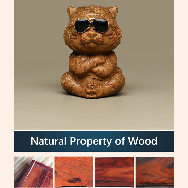 Buddha Stones Small Green Sandalwood Tiger Engraved Positive Desk Decorations - image 8