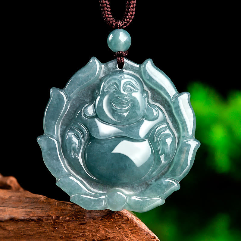 Buddha Stones Natural Jade Laughing Buddha Lotus Pattern Luck Necklace Pendant - Laughing Buddha(Happiness♥Wealth) - image 0