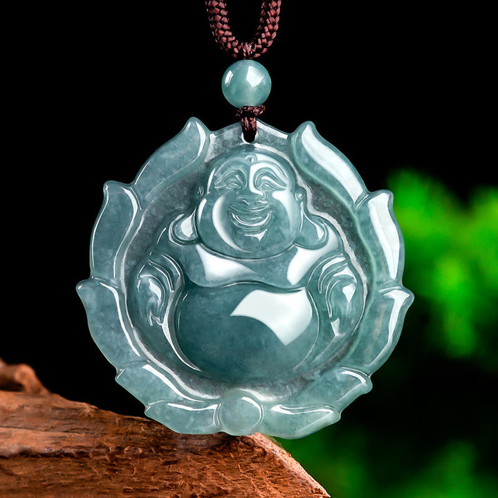 Buddha Stones Natural Jade Laughing Buddha Lotus Pattern Luck Necklace Pendant - Laughing Buddha(Happiness♥Wealth) - image 0