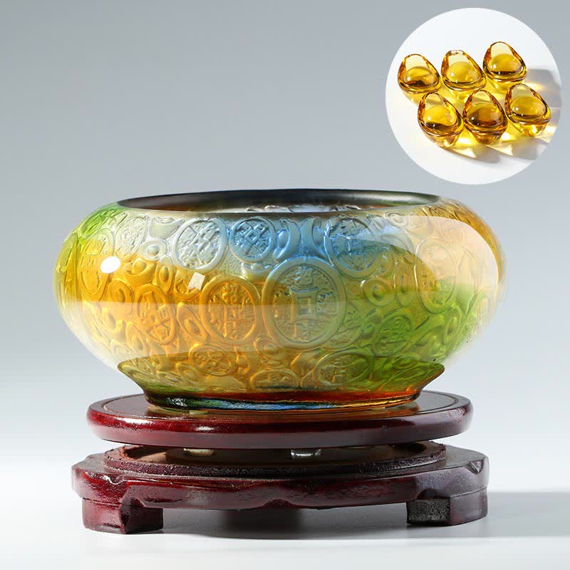 Buddha Stones Handmade Liuli Crystal Treasure Bowl Ingots Art Piece Home Decoration - Yellow - image 3