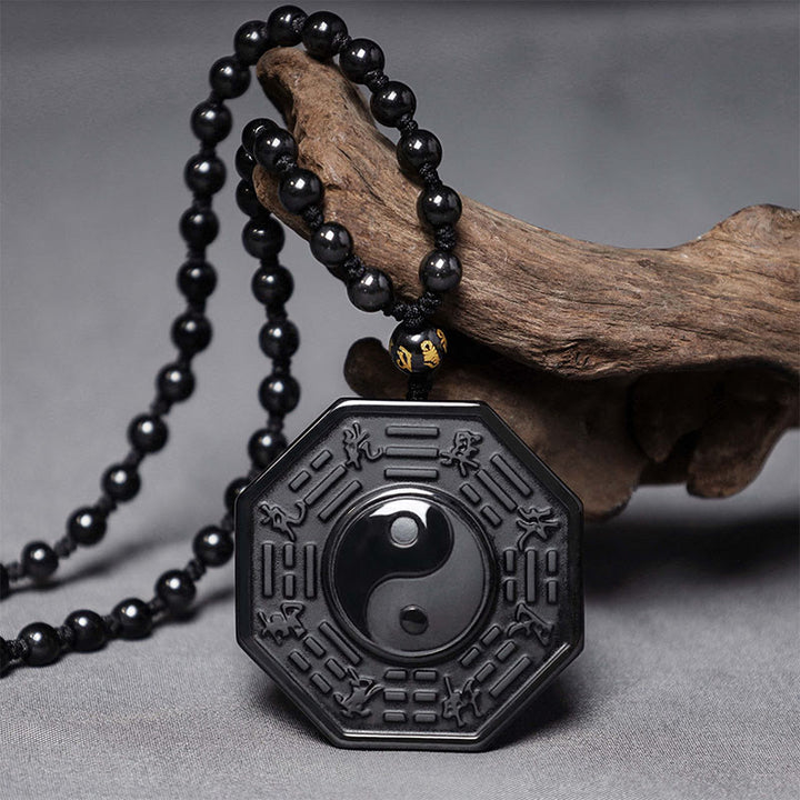 Buddha Stones Black Obsidian Stone Yin Yang Pendant Necklace - Obsidian(Pendant Size: 48*48mm) - image 0