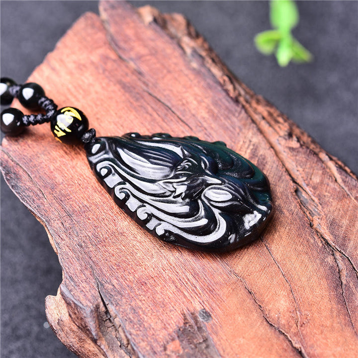 Buddha Stones Natural Rainbow Obsidian Nine Tailed Fox Inner Peace Necklace Beaded String Pendant - image 5