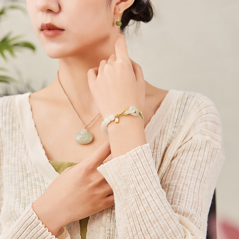 Buddha Stones Natural Hetian Jade Bead Double Peace Buckle Fu Character Abundance Braided Bracelet - image 3