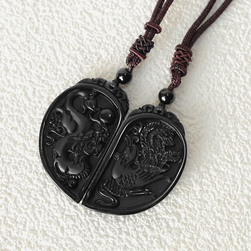 Buddha Stones Black Obsidian Love Dragon Phoenix Protection Necklace Pendant - image 5