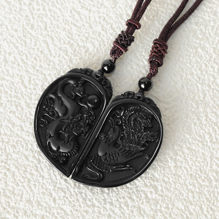 Buddha Stones Black Obsidian Love Dragon Phoenix Protection Necklace Pendant - image 5