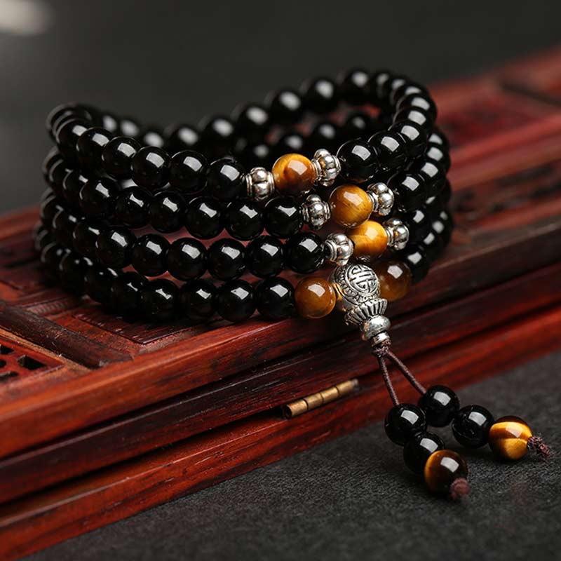 Buddha Stones Black Obsidian Tiger Eye Blessing Mala Bracelet - Black Obsidian 6mm*120(Men) - image 0