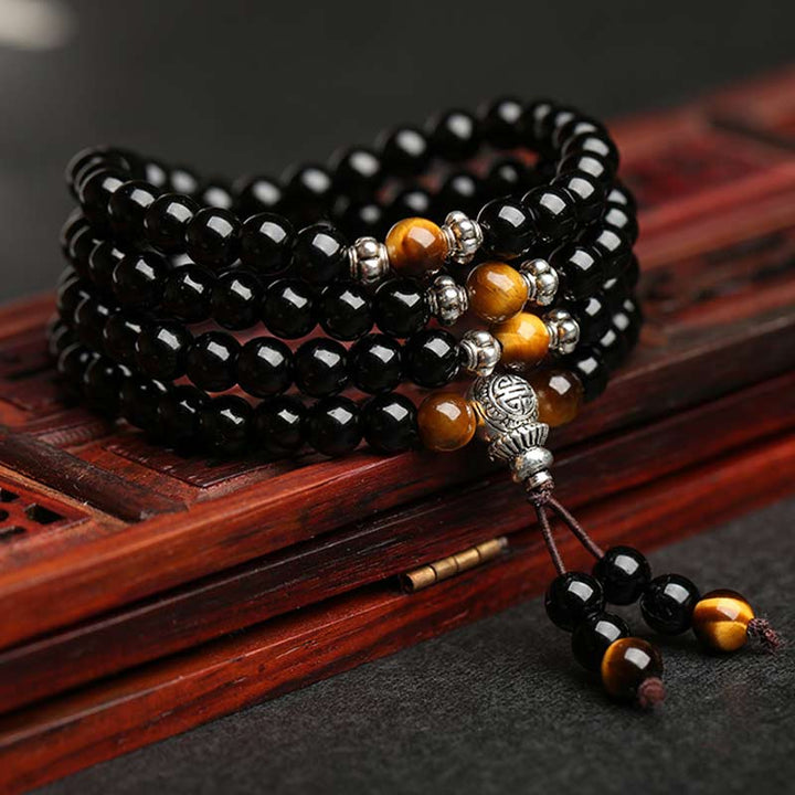 Buddha Stones Black Obsidian Tiger Eye Blessing Mala Bracelet - Black Obsidian 6mm*120(Men) - image 0