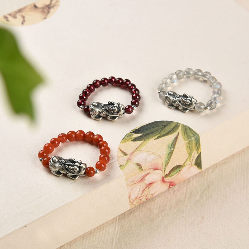 Buddha Stones 925 Sterling Silver Natural Garnet Moonstone Red Agate PiXiu Wealth Ring - image 1
