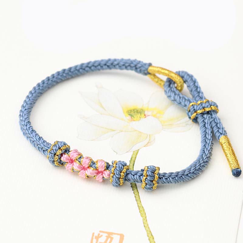 Buddha Stones Handmade Three Peach Blossoms Luck Eight Strands Braided String Bracelet - Blue(Wrist Circumference 14-19cm) - image 0