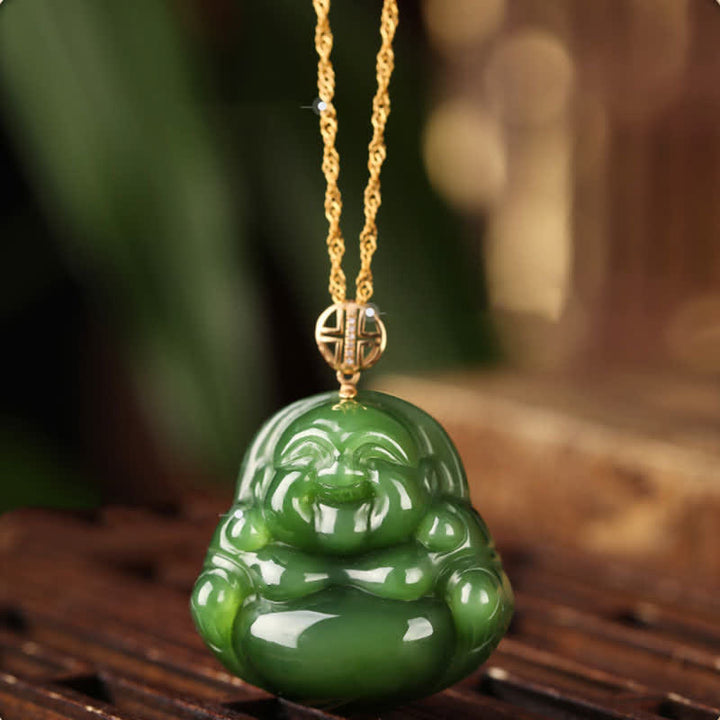 Buddha Stones 925 Sterling Silver Laughing Buddha Hetian Cyan Jade 18K Gold Success Necklace Chain Pendant - Hetian Cyan Jade (Success ♥ Healing) - image 0