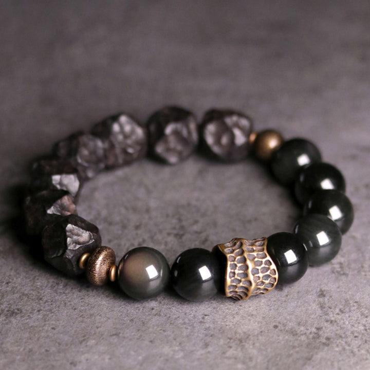 Buddha Stones Black Obsidian Ebony Wood Copper Strength Couple Bracelet - 18cm - image 0