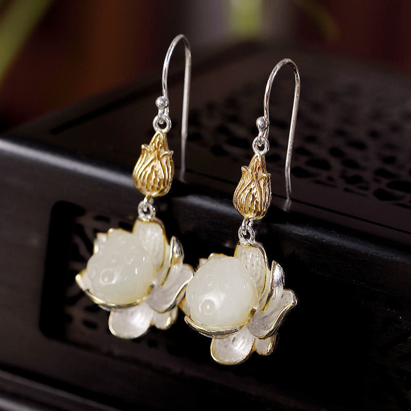 Buddha Stones White Jade Protection Harmony Drop Earrings - image 9