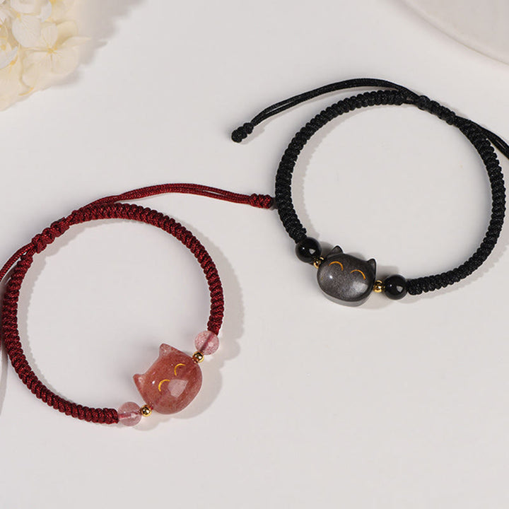 Buddha Stones Handmade Natural Silver Sheen Obsidian Strawberry Quartz Cute Cat Protection Braided Bracelet - image 1