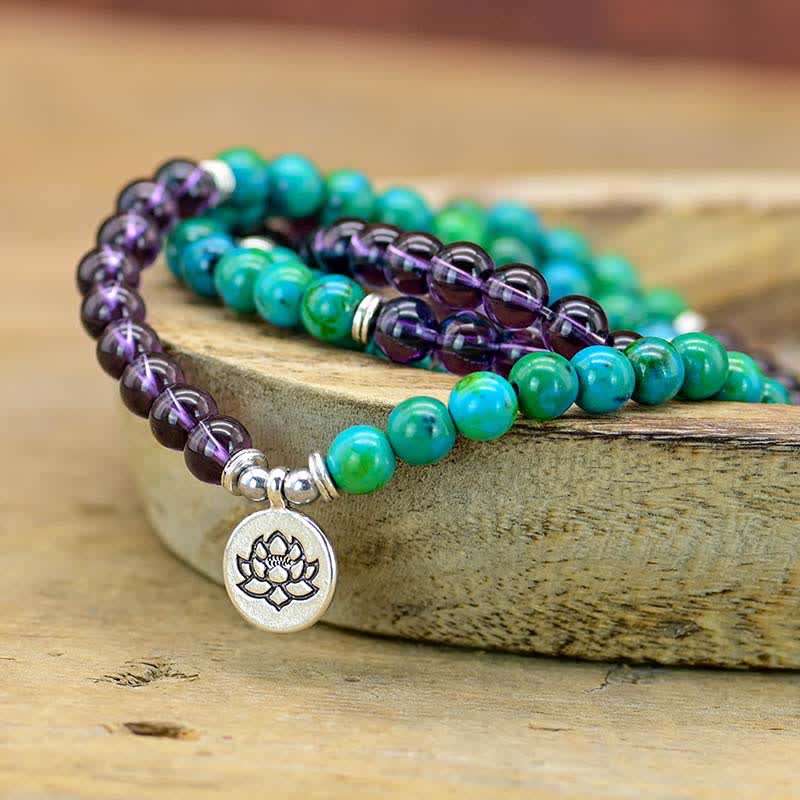Buddha Stones Amethyst Green Aventurine Spiritual Lotus Charm Bracelet - image 1