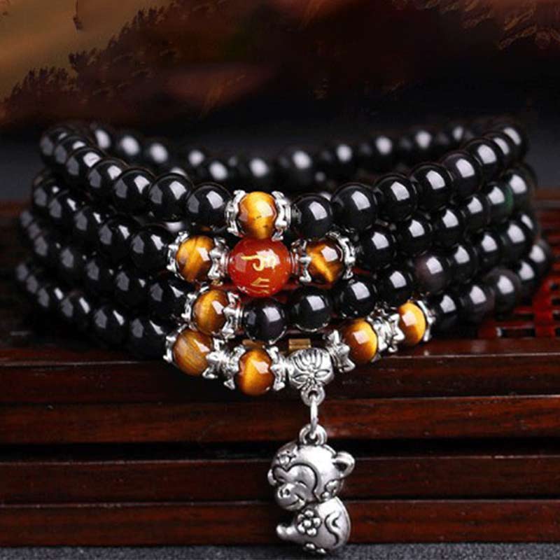 Chinese Zodiac 108 Beads Black Obsidian Tiger Eye Fortune Mala Bracelet - image 8