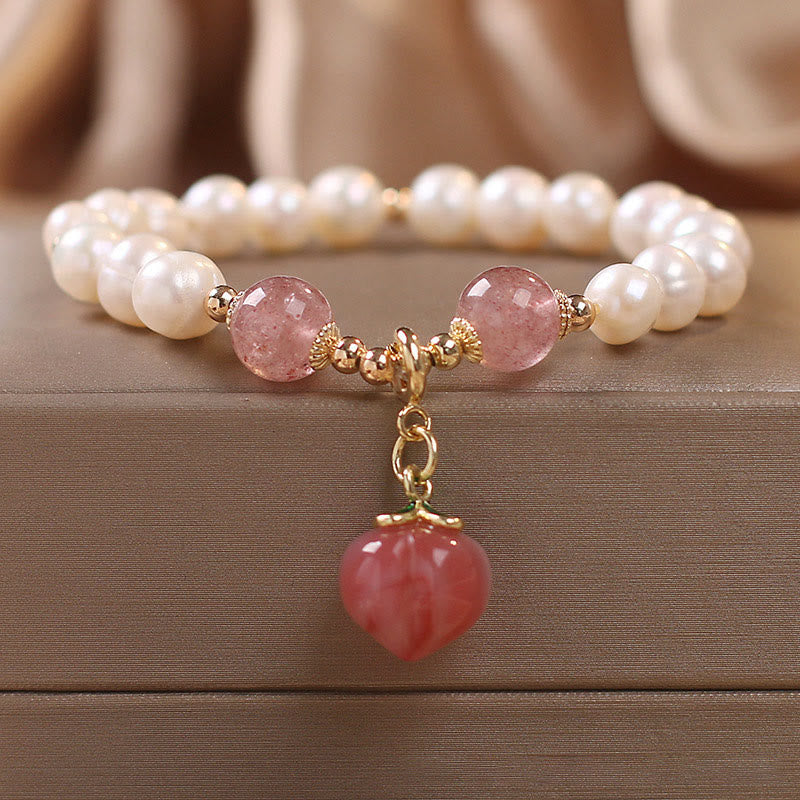 Buddha Stones Natural Pearl Strawberry Quartz Peach Love Heart Wisdom Charm Bracelet - Pearl&Strawberry Quartz - image 0