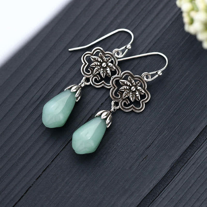 Buddha Stones Magnolia Flower Jade Water Drop Prosperity Dangle Earrings - image 1